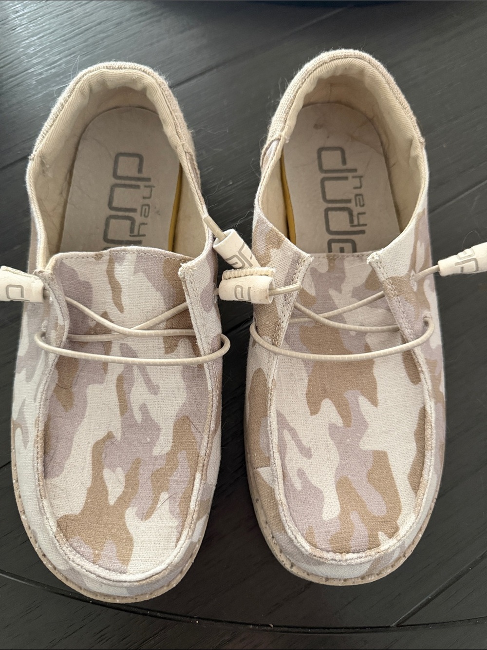 Hey Dude Kids Camo Slip-Ons in Beige and Light Tan